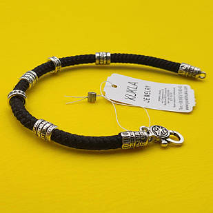 Шовковий чоловічий браслет плетений зі вставками зі срібла 925 проби