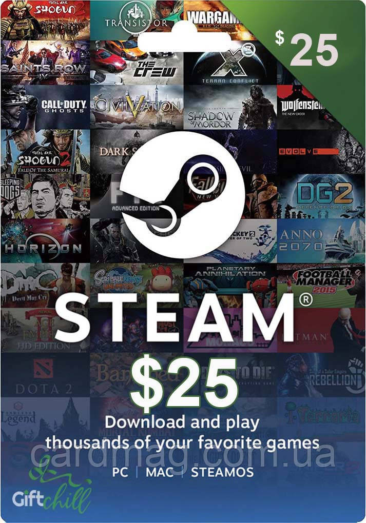Електронний ключ (Подарункова карта) Стім Steam Gift Card на суму 25 usd, (Регіон Україна)