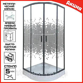 Душова кабіна 90x90 напівкругла скло 5 мм з малюнком чорний профіль низький піддон