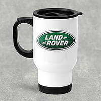 Автомобильная термокружка с маркой авто Land Rover / Ленд Ровер, металлическая 450 мл, белая