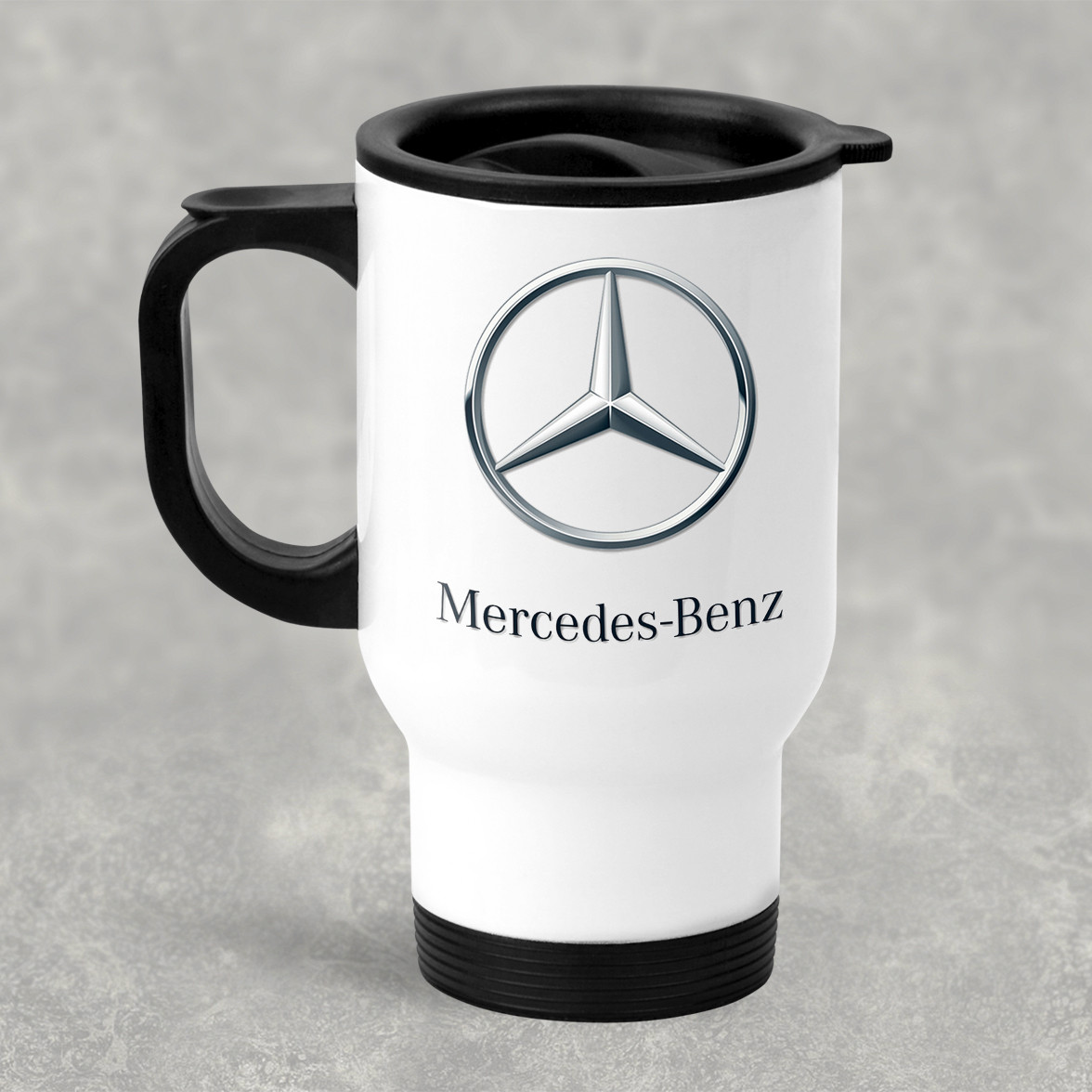 Автомобільна термокружка с маркой авто Mercedes-Benz / Мердедес Бенц, металева 450 мл, біла