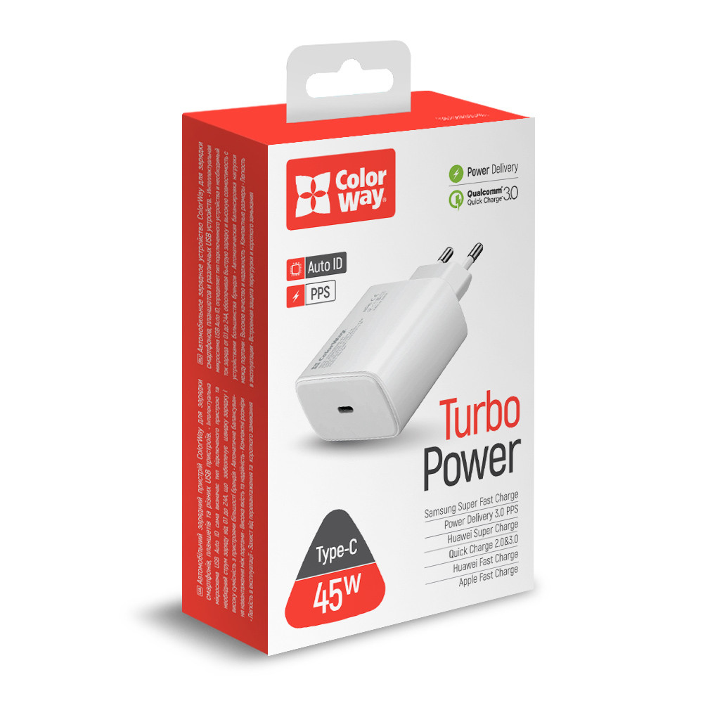 Зарядний пристрій Colorway Power Delivery Port PPS USB Type-C (45W) White - фото 1 - id-p1824986966