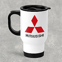 Автомобильная термокружка с маркой авто Mitsubishi / Митсубиси, металлическая 450 мл, белая