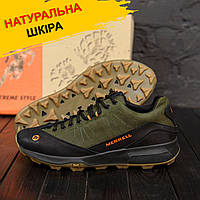 Осенние Весенние мужские кожаные кроссовки MERRELL хаки удобные из натуральной кожи на осень обувь *М-05х*