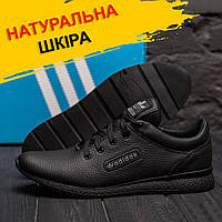 Осенние Весенние мужские Кожаные кроссовки демисезон Adidas черные из натуральной кожи на осень обувь *19 yv*