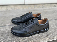 Мужские осенние кожаные кеды/туфли Cevivo из натуральной кожи (черные) прошитые, без предоплаты обувь