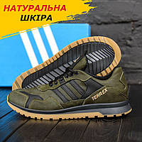 Осінні Весняні чоловічі шкіряні кросівки Adidas Terrex (Адідас) кольору хакі з натуральної шкіри на осінь взуття *AW ол*