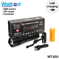Потужний акумуляторний універсальний ліхтар 3000 Лм Watton WT-600 ліхтарик LED з USB зарядкою та знімною