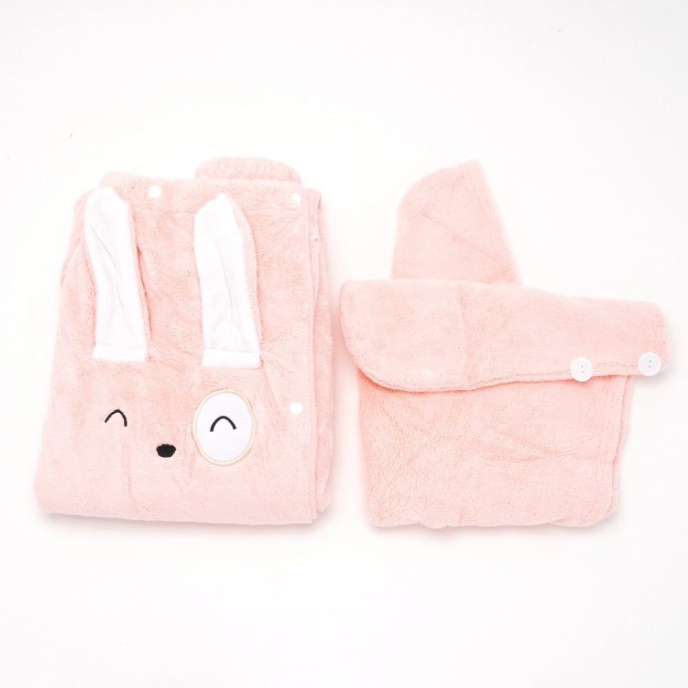 Набір жіночий Рушник — халат, чалма мікрофібра для сауни бані 145х80 см Зайчик Рожевий, фото 1