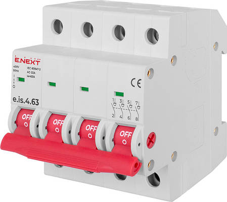 Вимикач навантаження E.NEXT e.is.4.63 4p 63А для DIN-рейки, 6000V, 4 модулі, фото 1