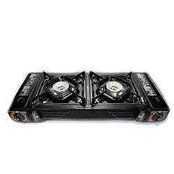 Плита газова туристична на 2 конфорки під газові балони Alpen Camping Texas чорна