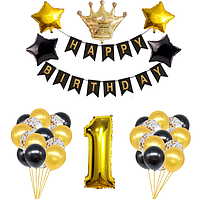 Набір куль із чорною гірляндою для фотозони Коронка з цифрою 1 золото