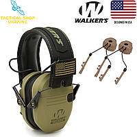 Активные стрелковые наушники WALKER S RAZOR SLIM PATRIOT SERIES OD GREEN + крепления на шлем Coyote