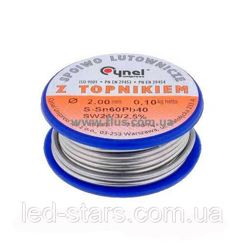 Припій CYNEL (Польща) Solder wire S-Sn60Pb40, flux SW26 / 3 / 2,5% Ø2мм 0,1 кг, фото 1