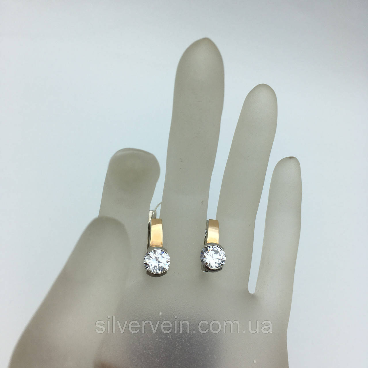 Срібні сережки з золотими пластинами Фіаніт, фото 1