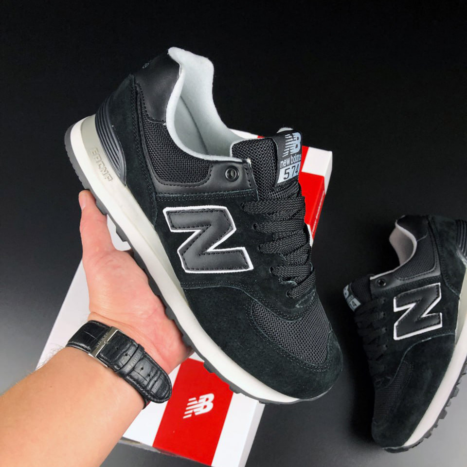 Жіночі кросівки New Balance 574 сіточка замшеві спортивні повсякденні чорно-білі