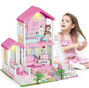 Дитячий будиночок для ляльок - вілла на 2 поверхи 3 кімнати з меблями та терасою для відпочинку - Дитячі іграшки