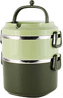 Ланч-бокс Kamille Snack 1700мл двухуровневый, пластик и нержавеющая сталь, зеленый лоток контейнер для еды