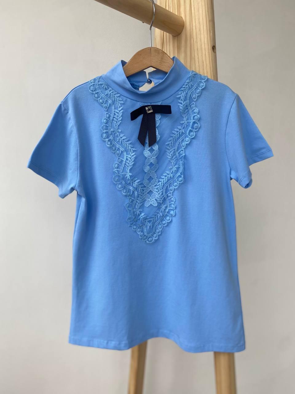 Блузка на дівчинку гольф з гіпюром і бантом 6006, Monili, Блакитний, Для дівчаток, Весна Осінь, 140, фото 1