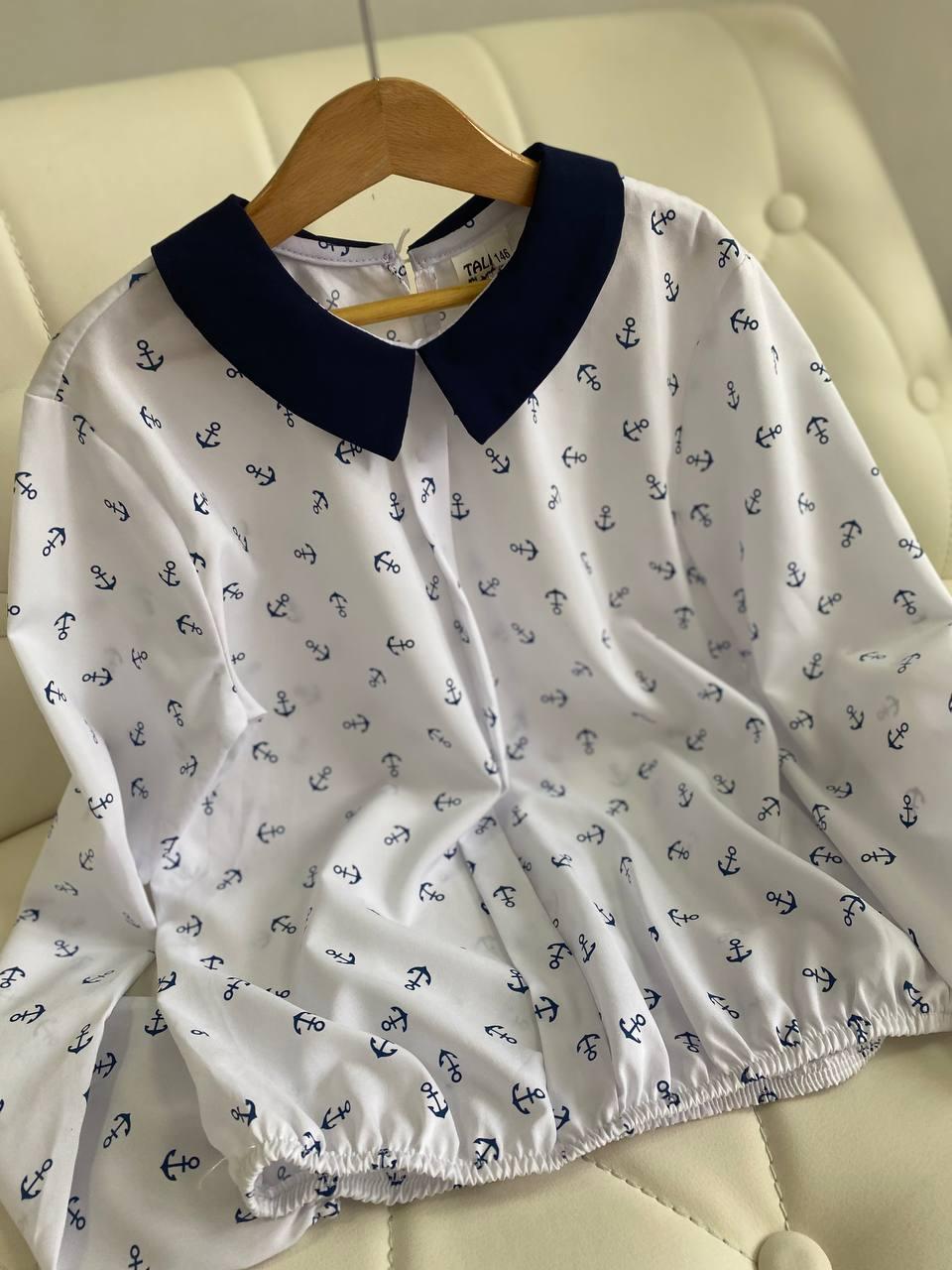 Блузка на дівчинку із синіми якорями Talka, Белый, Для девочек, Весна Осень, 146 см, фото 1