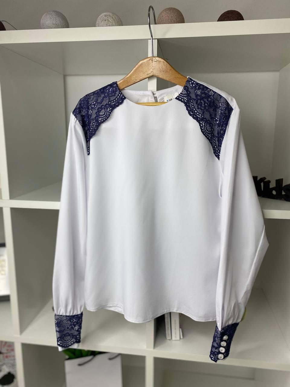 Біла блузка на дівчинку із синім мереживом Talka, Белый, Для девочек, Весна Осень, 146 см, фото 1