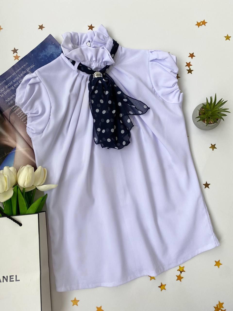 Літня блузка на дівчинку з синім бантиком в горошок, Mariatex, Білий, Для дівчаток, Весна Осінь, 140, фото 1