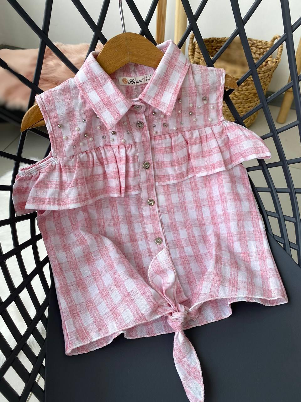 Блузка в клітку з бусинками та прорізами на плечах Білий 1912.48, Busra, Світло-рожевий, Для дівчаток, Літо, 134, фото 1