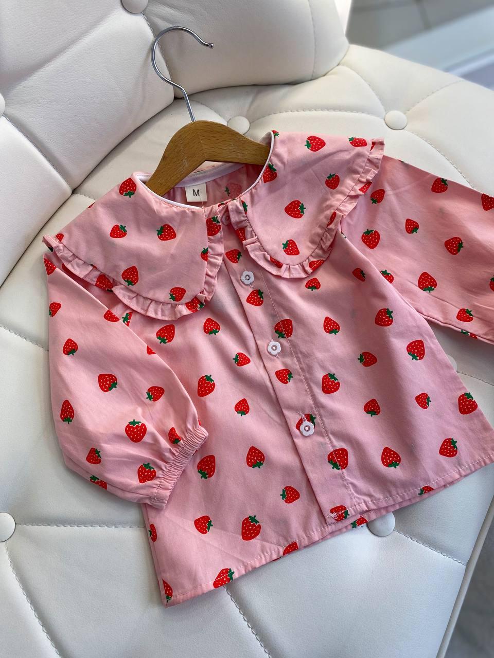 Нарядная блузка на девочку с клубничками Розовая 24121 Розовый, Девочка, Весна Лето, 80 см, 1 год, фото 1
