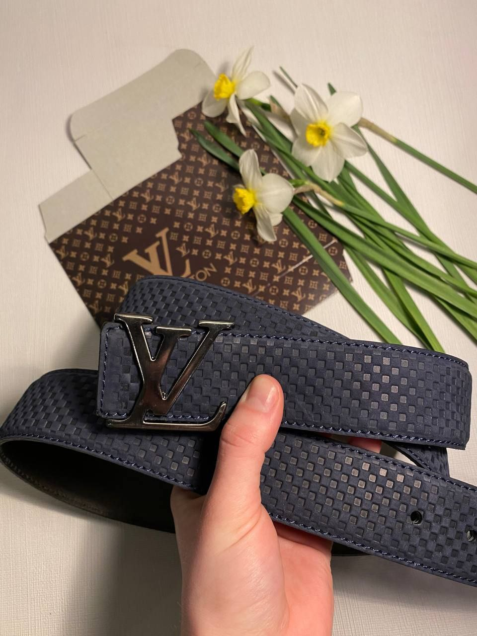 Ремінь чоловічий шкіряний, замш, синій LOUIS VUITTON, ширина 40 мм. 931363