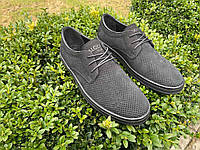 Мокасины мужские 44 размер кожаные туфли с перфорацией черные макасины летние слипоны в дырочку с шнурками