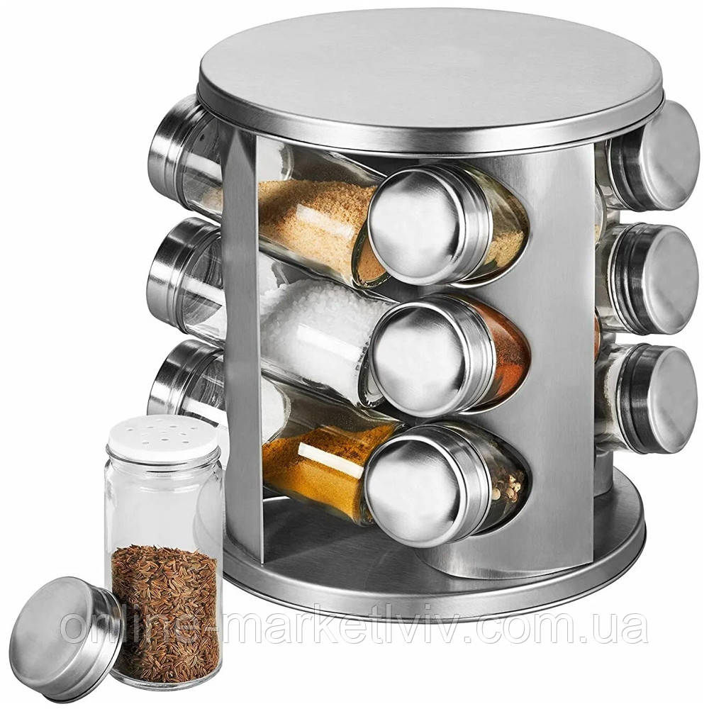 Набір баночок для спецій 12шт на підставці, що крутиться Spice Carousel / Органайзер для спецій