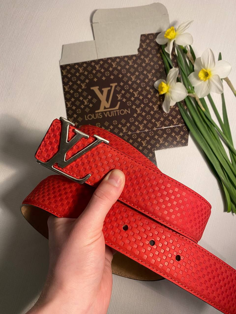 Ремінь чоловічий шкіряний, замш,червоний, LOUIS VUITTON, ширина 40 мм. 931371, фото 1