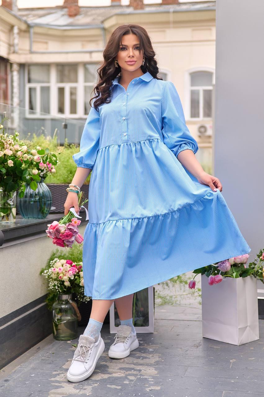 Сукня-сорочка у блакитну смужку з рукавами-ліхтариками (54-56)