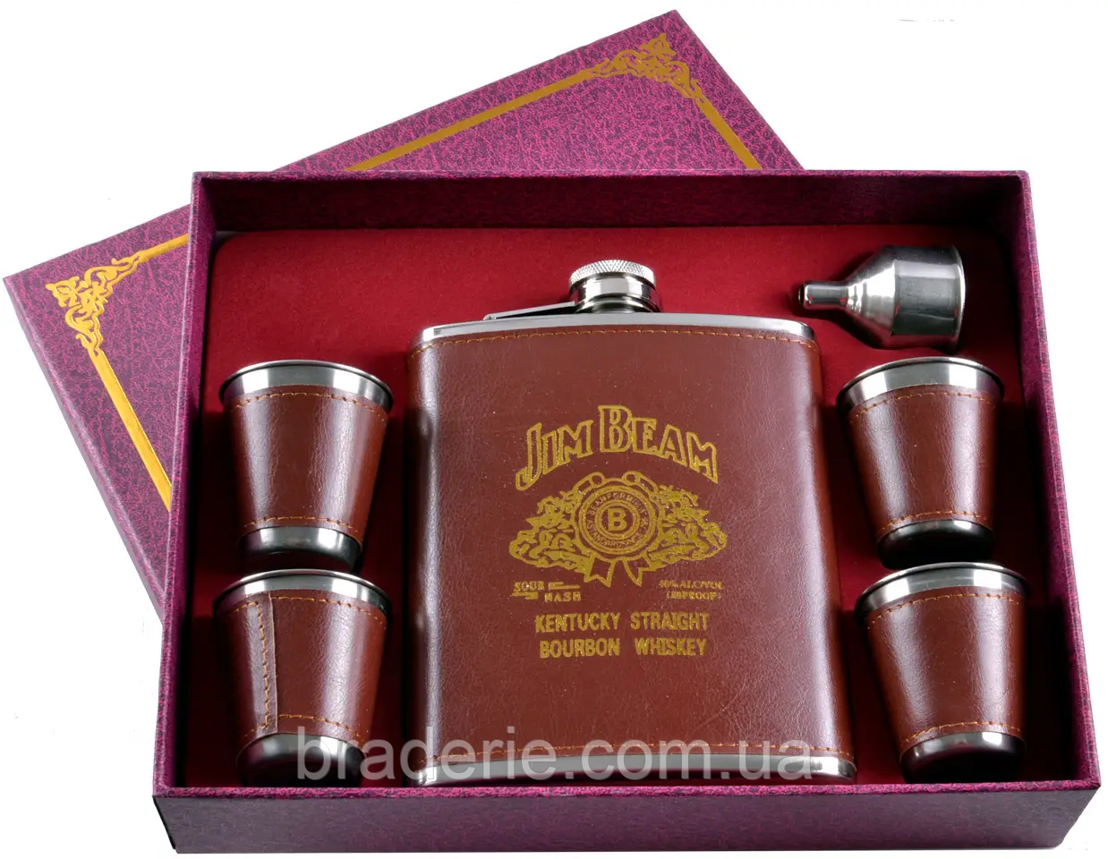 Подарунковий набір у шкірі з малюнком JB фляга чарки лійка TZ-6 коричньовий