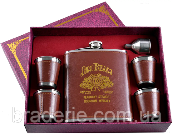 Подарунковий набір у шкірі з малюнком JB фляга чарки лійка TZ-6 коричньовий, фото 1