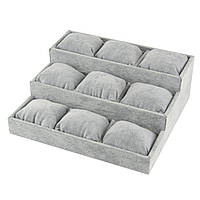 Підставка з подушками 9 шт. під годинник браслети й інше 3 яруси сіра велюрова висота 10 см розмір 27Х25 см