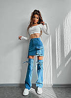 Женский комплект джинсовая юбка, гетры с завязками и кроп топ с длинными рукавами (р. S, M) 66103098Е