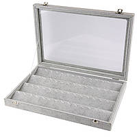 Планшет кейс горизонтальний під склом для кілець і прикрас 7 доріжок із замками сірий велюр розмір 35Х25Х5 см