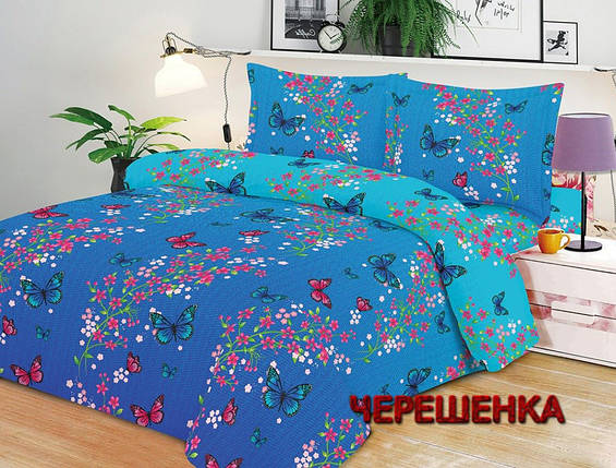 Синя постільна тканина градієнт із принтом метелика та дрібні квіти Поліестер 75 ширина 220 см, у рулоні 60 м, фото 1