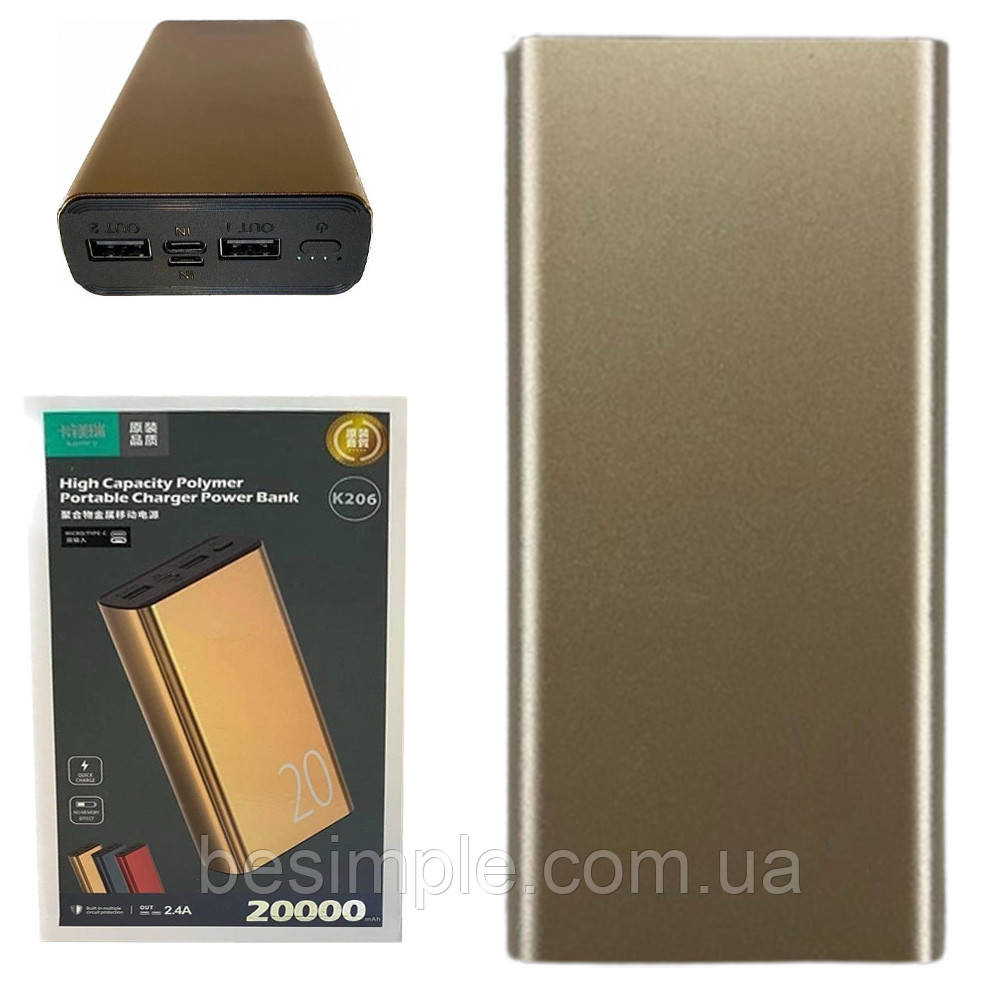 Повербанк 20000mAh, з Type-C та Micro-USB, K-206/ УМБ/ Power Bank/ Портативний акумулятор/ Зарядний пристрій