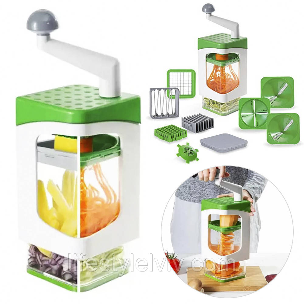 Ручна овочерізка 7в1 з контейнером та насадками, MA-22 / Мультислайсер для овочів / Кухонний подрібнювач, фото 1