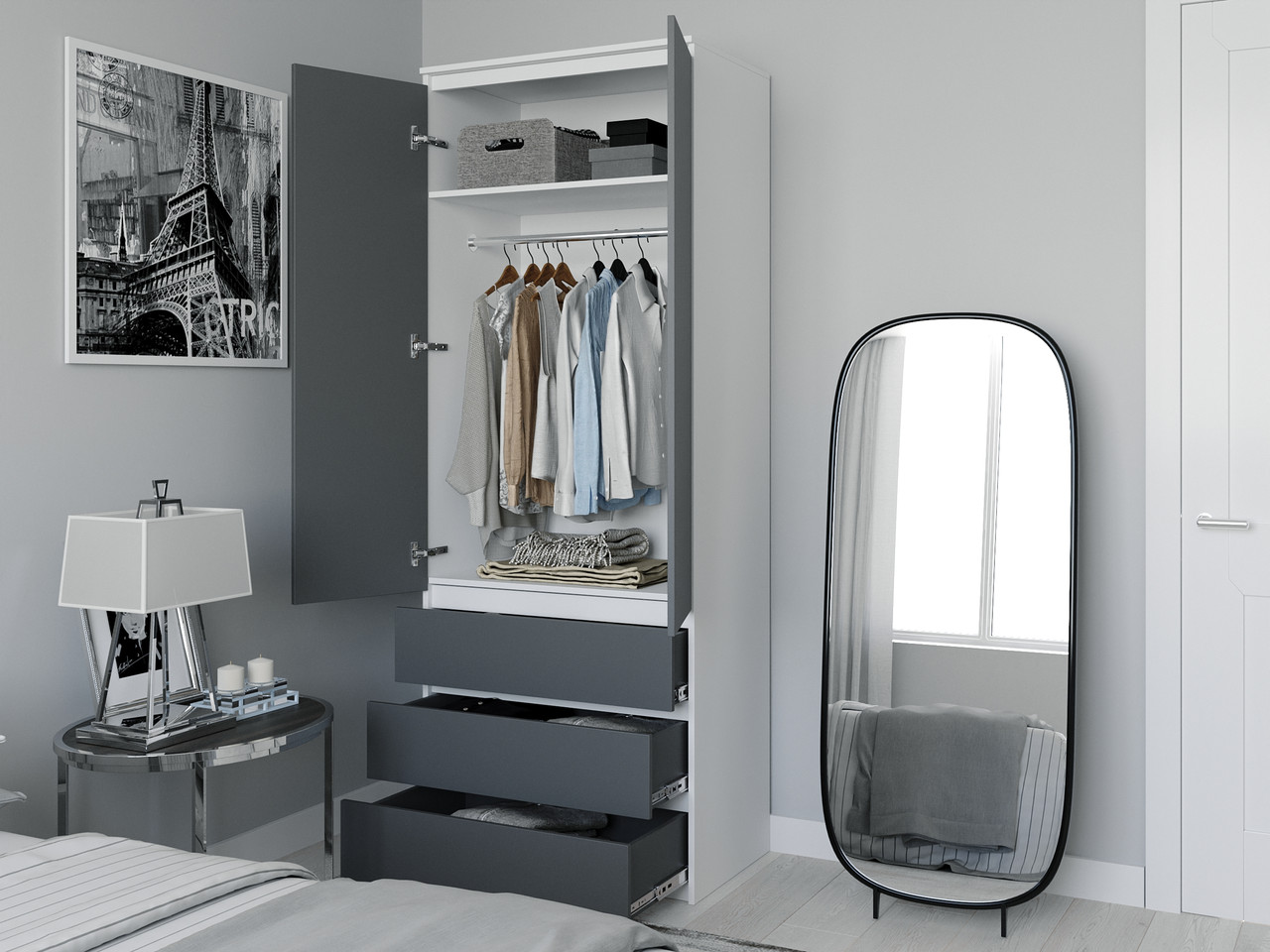 Шафа двостулкова з полицями та штангою Шафи розпашні дизайнерські ДСП Висока шафа з 3 висувними шухлядами, фото 1