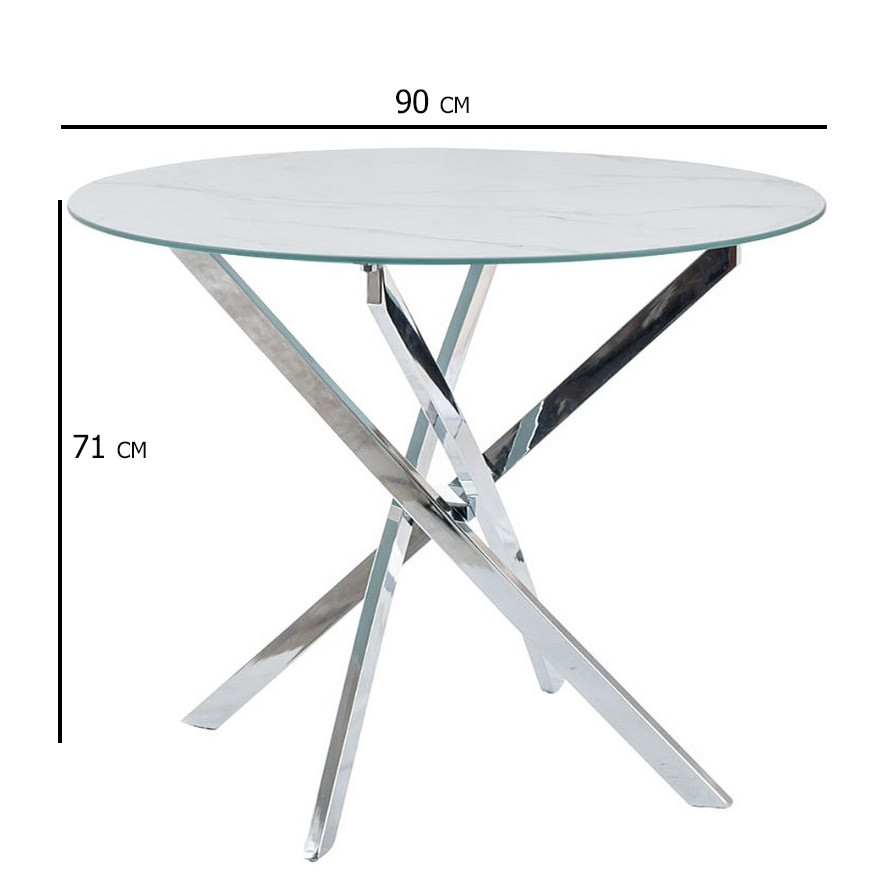 Круглий скляний стіл на кухню Agis 90 см білий мармур на хромованих ніжках