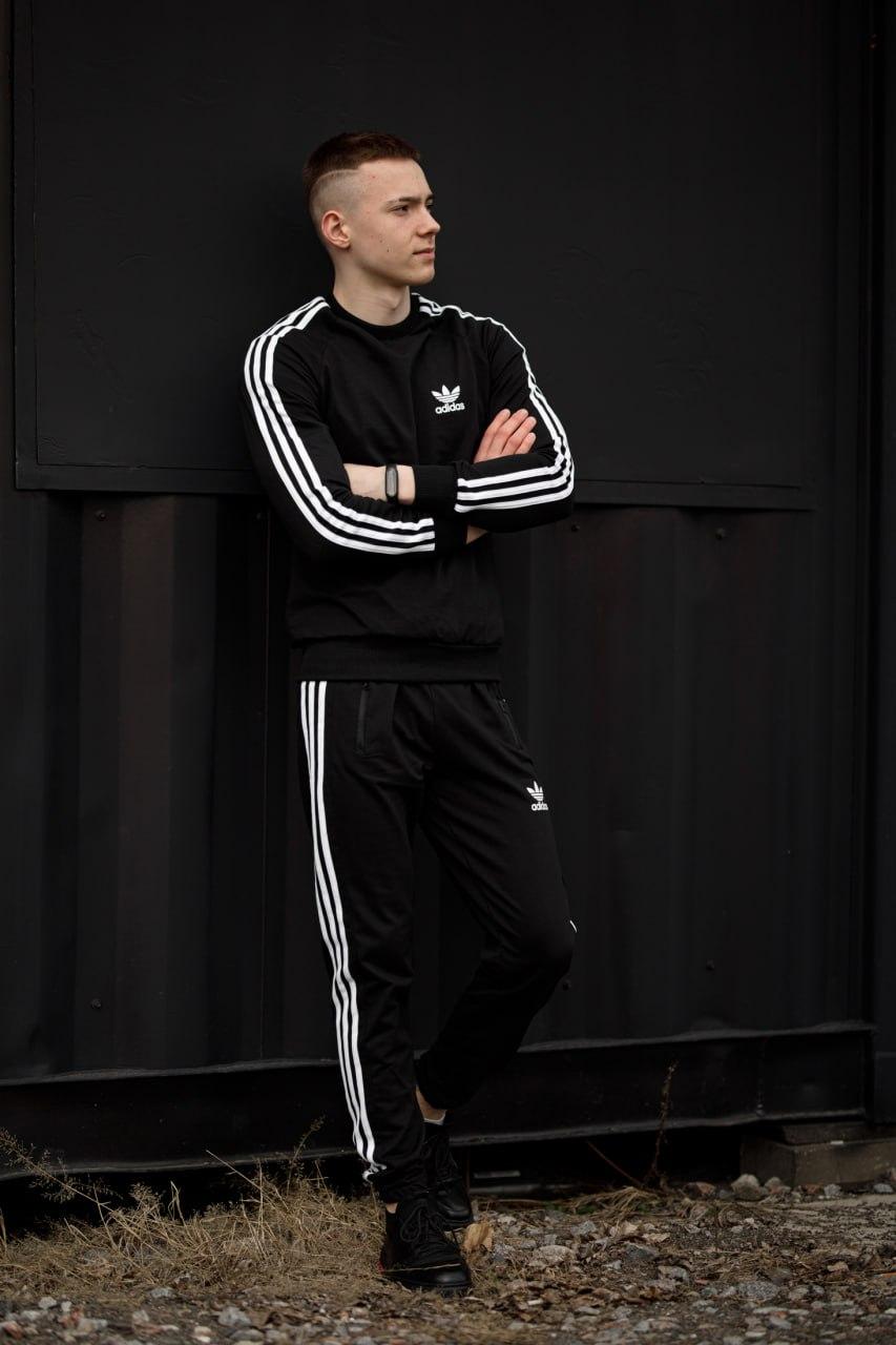 Мужской спортивный костюм Adidas Свитшот + Штаны черный без капюшона Адидас весенний осенний, фото 1