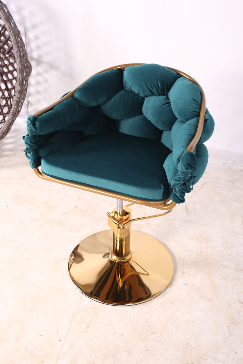 Крісло перукарське Елеонор на гідровлиці диск золото, каркас RAL-1036 велюр Almira 10 Emerald (Pradex ТМ)