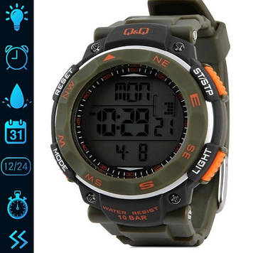 Армійський годинник мілітарі тактичний протиударний водонепроникний 10 АТМ Q&Q, годинник чоловічий з підсвічуванням