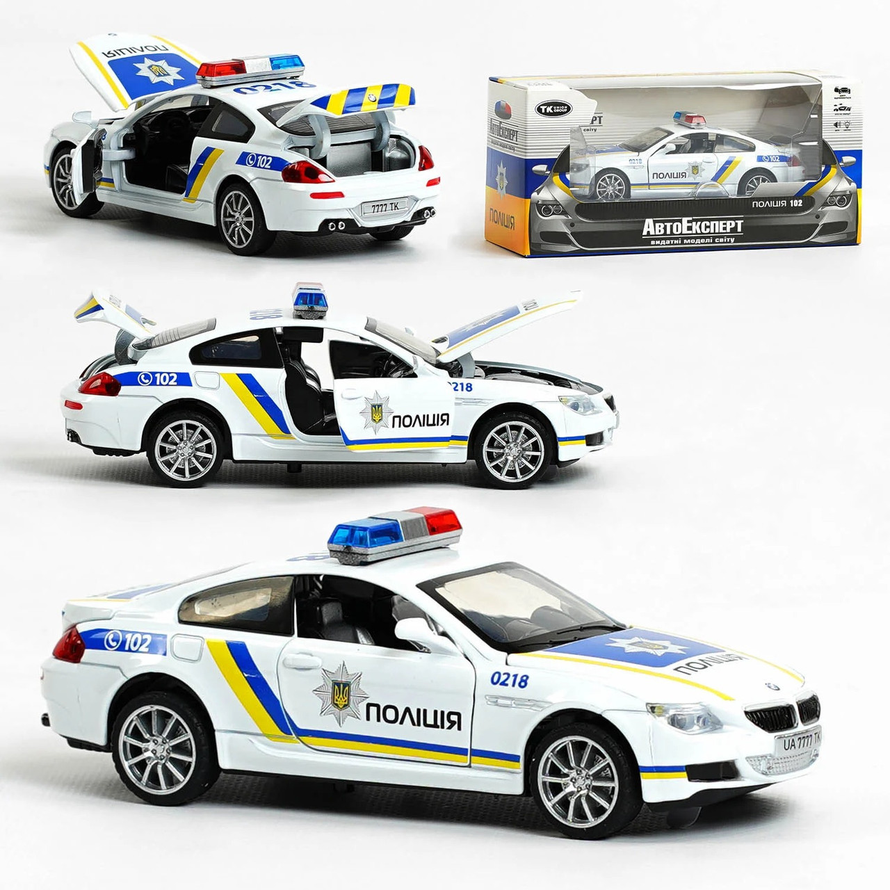 Машинка металопластик BMW police купе поліція 1:32, світло, звук, інерція, двері, багажник, капот