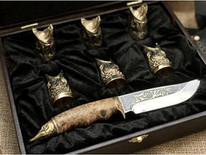 Набір подарунковий бронзових чарок перевертарів з ножем "Царський улов" ручна робота українських майстрів