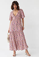 Довга літня сукня лавандового кольору з квітковим принтом. Модель 300101