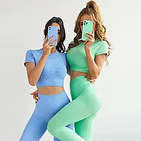Спортивный женский костюм для фитнеса бега йоги Спортивные лосины леггинсы топ для фитнеса, размер M (голубой)